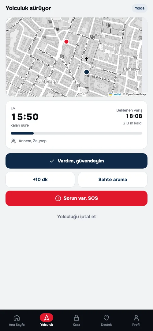Güvenli yolculuk ekranı: harita, kalan süre ve vardım düğmesi
