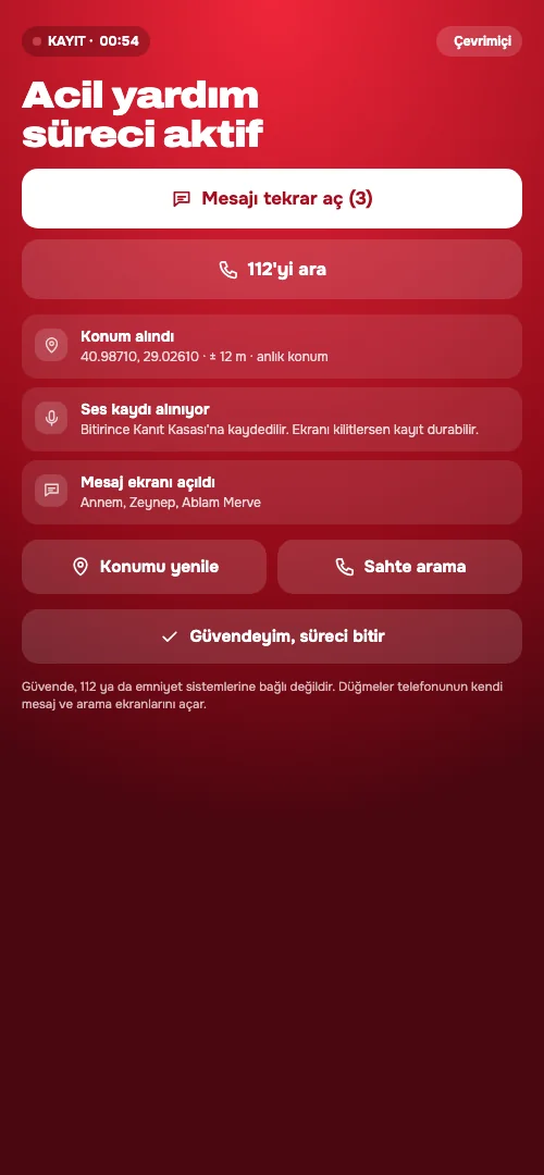 Acil yardım ekranı: kişilere mesaj gönder ve 112'yi ara düğmeleri