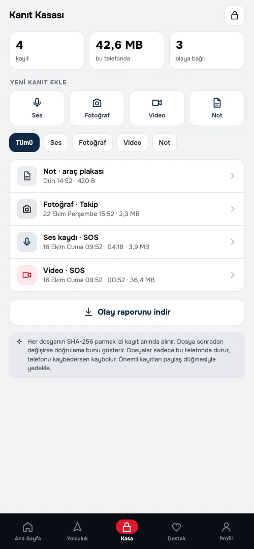 Kanıt Kasası ekranı: ses, fotoğraf, video ve not kayıtları